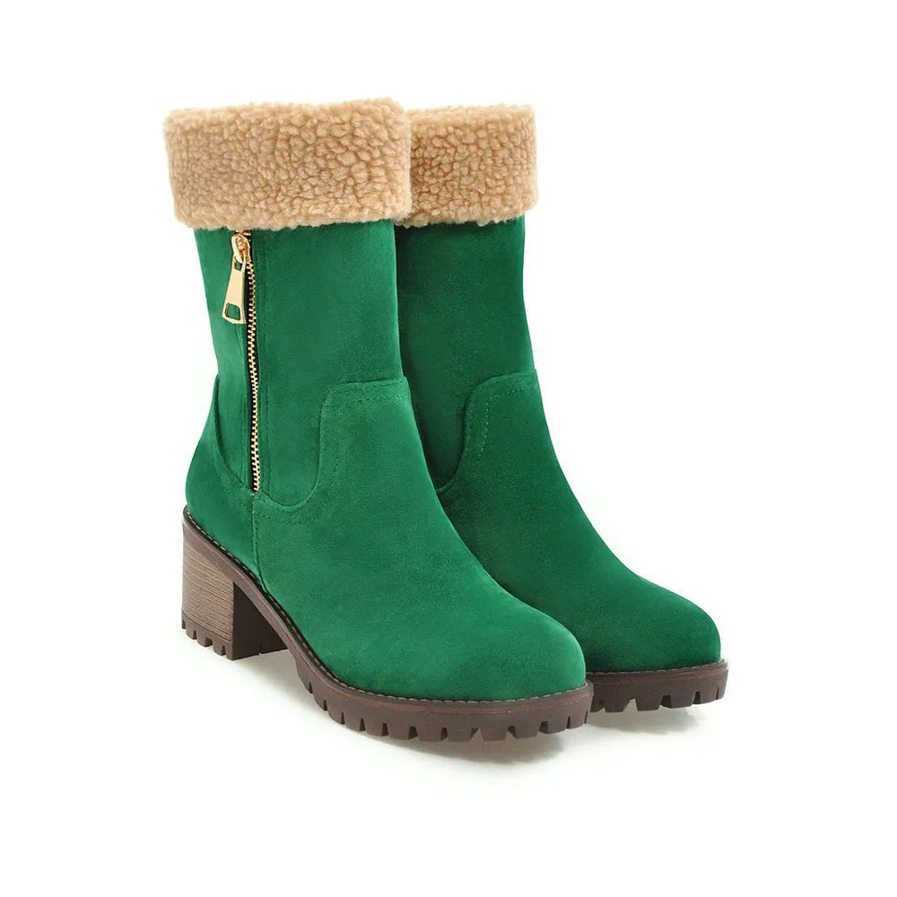 A pair of snow boots in black, grey, green, or orange with a rubber sole and plush lining.