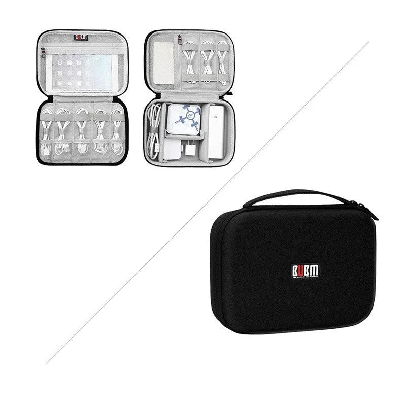 Simple modern EVA digital storage organiser bag for headphones and cables, shown in black or grey.
