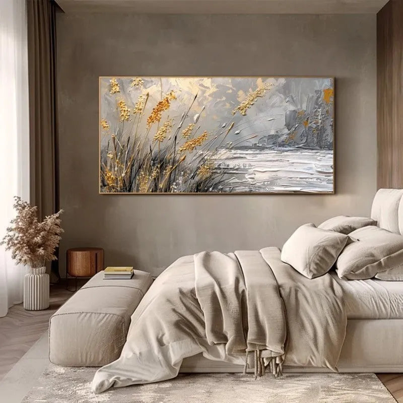 Hand painted abstract landscape oil painting lake reed beds horizontal canvas contemporary wall art