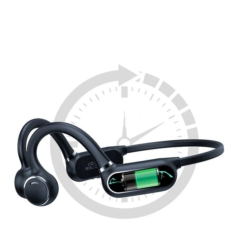 Air conduction wireless earphone in black, with ergonomic ear-hook and touch control overlay