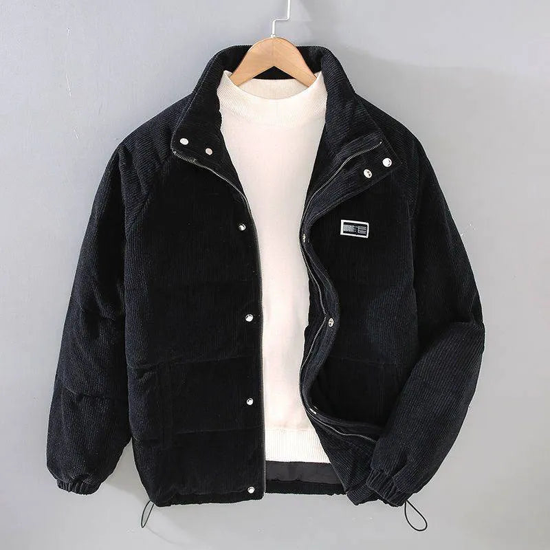 Men's puffer jacket in black with patch pockets, cardigan style, side view