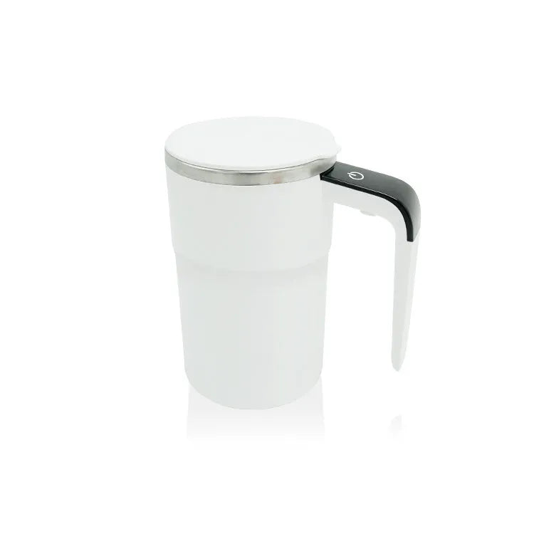 White automatic stirring coffee mug with LCD temperature display and USB charging cable
