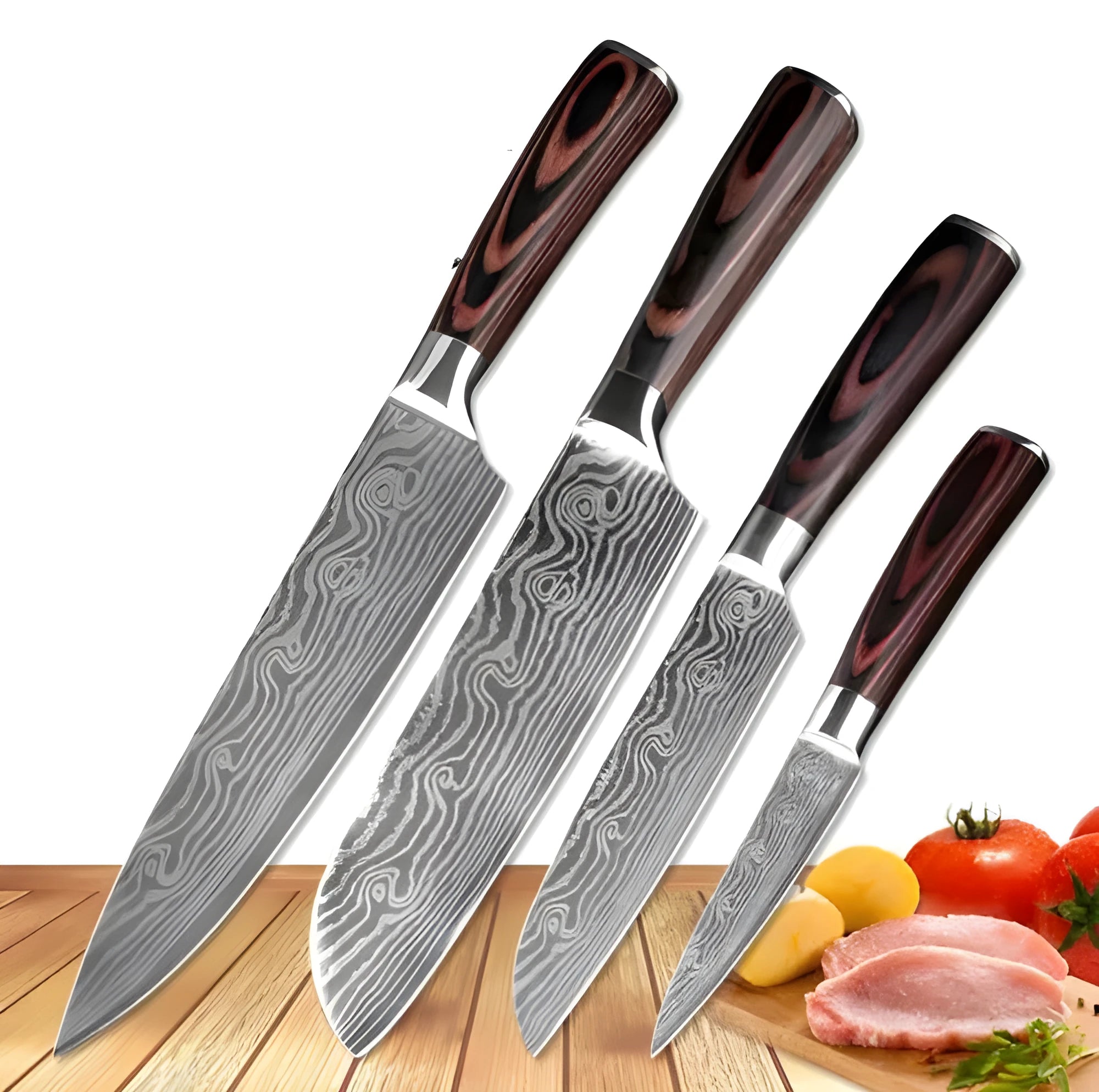 7Cr17 stainless steel kitchen knife with laser Damascus pattern blade and coloured wood handle