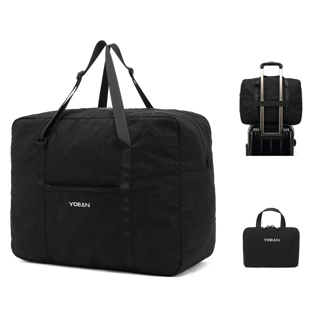 Large waterproof foldable travel bag in black with 20-35L capacity and zipper closure