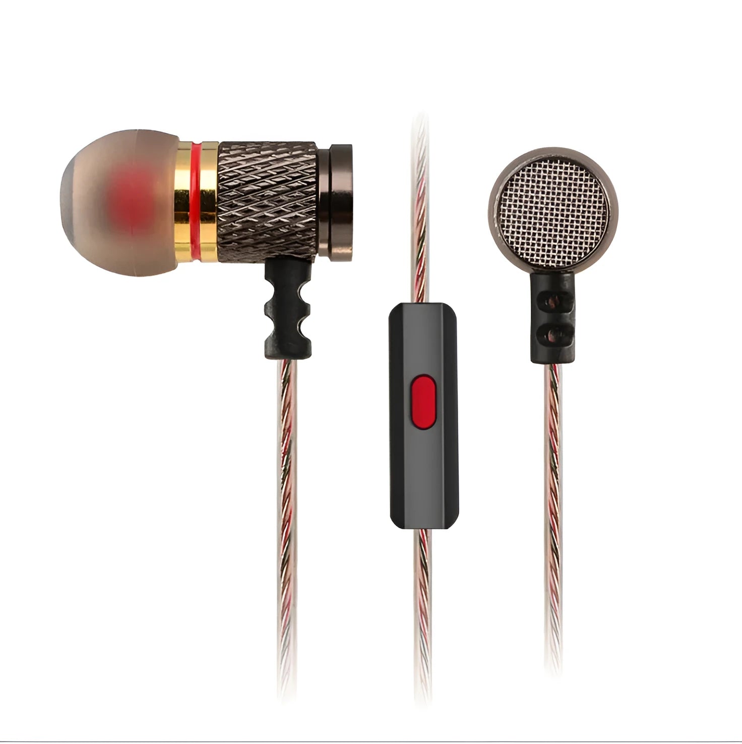 Black wired in-ear headphones with silicone cable, 3.5mm L-bend plug, and TPE eartips.