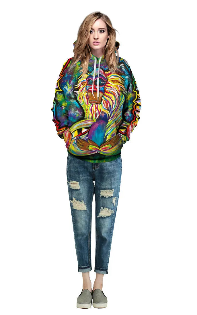 3D monkey print hoodie on a person, showing front pocket and full-colour graphic design