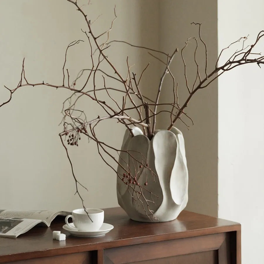 Irregular artistic ceramic vase in magnesium clay for flower arrangements, available in high and low style options