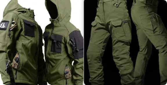 Men's fleece jacket and pants set in corduroy with hooded Korean style in army green beetle coat colour