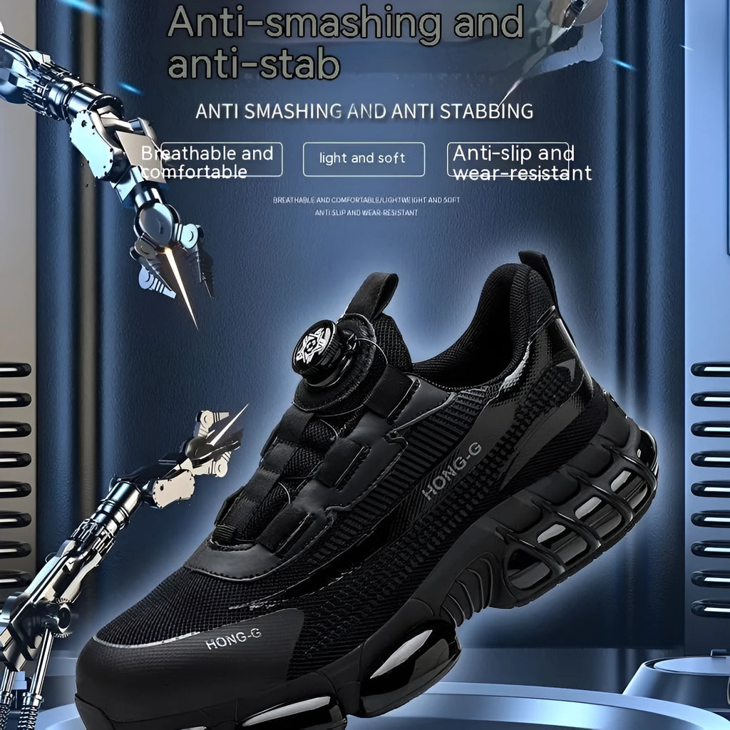 Men's lightweight black safety work shoes with steel toe cap and lace-up front.