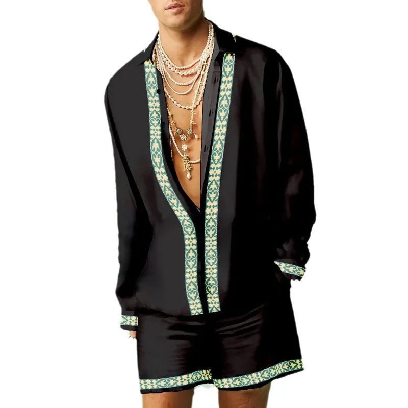 Men's slim fit long sleeve shirt and matching shorts casual summer set on a hanger.