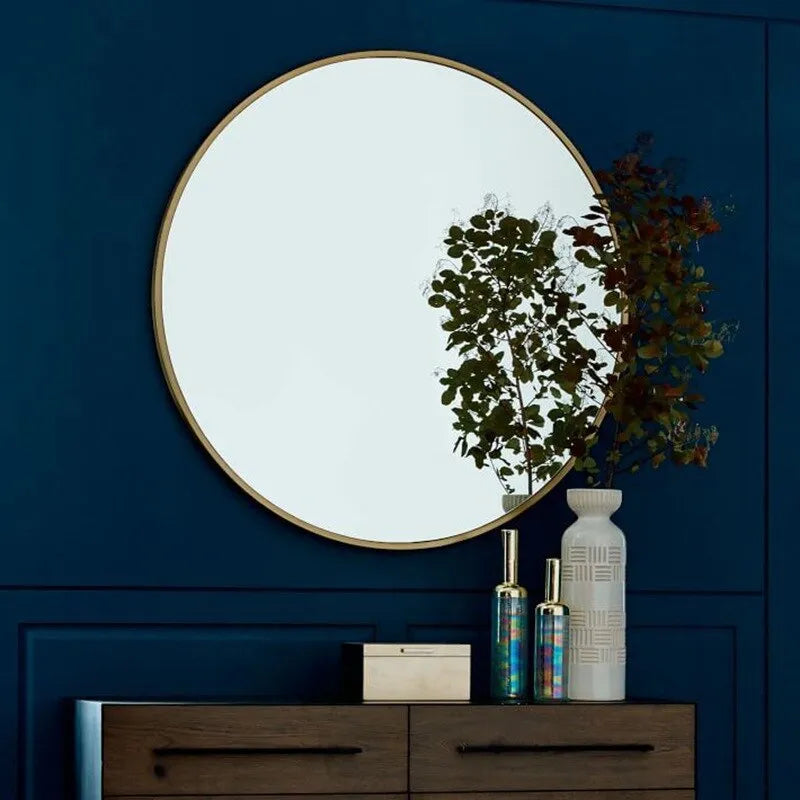 Round metal frame bathroom wall mirror in black finish showing 30cm diameter