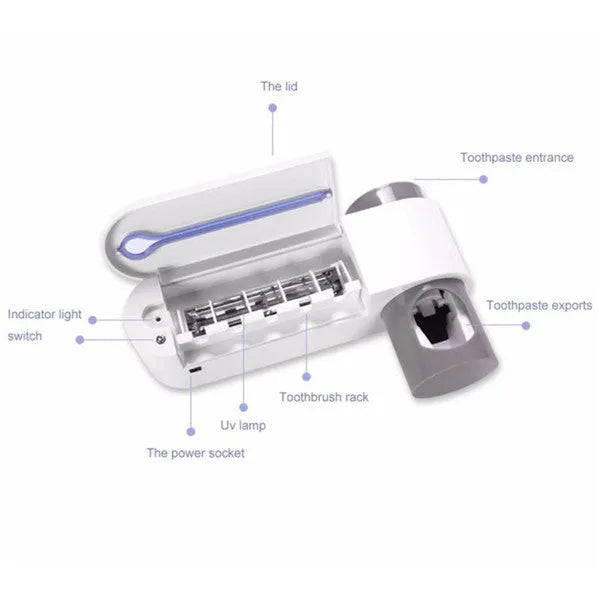White 3-in-1 toothbrush holder with UV steriliser and toothpaste dispenser, wall-mounted on a bathroom tile