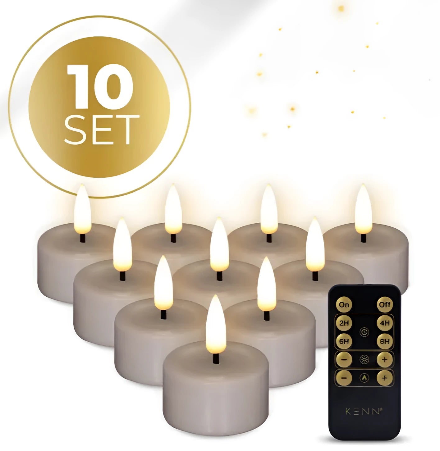 Four taupe coloured S10 3D flame LED tealight candles showing realistic flickering effect