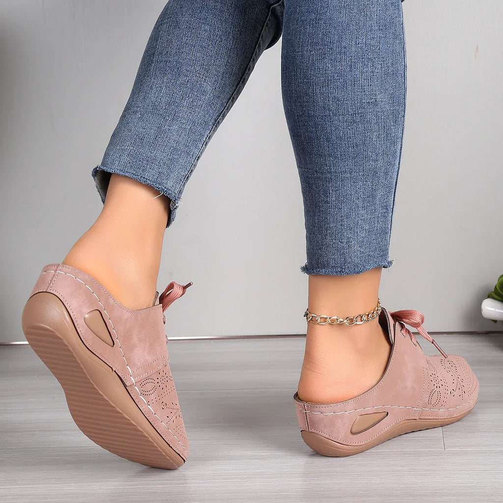 Women's lace-up baotou slippers with hollow out wedge design in suede with rubber sole