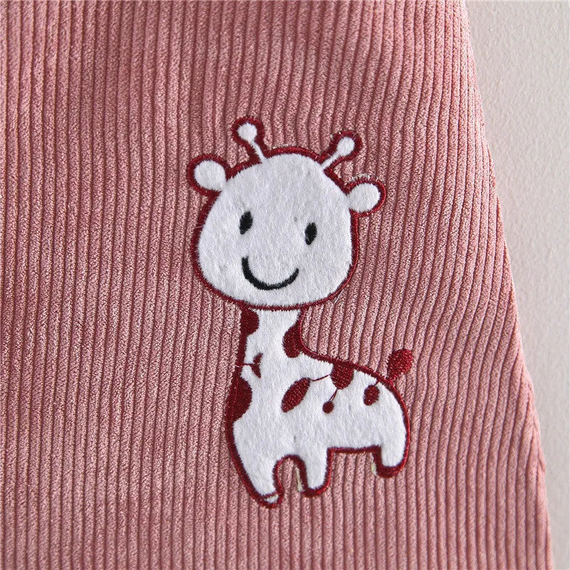 Baby girl cotton dress set with long sleeves and suspender style, featuring animal and cartoon prints in solid colour