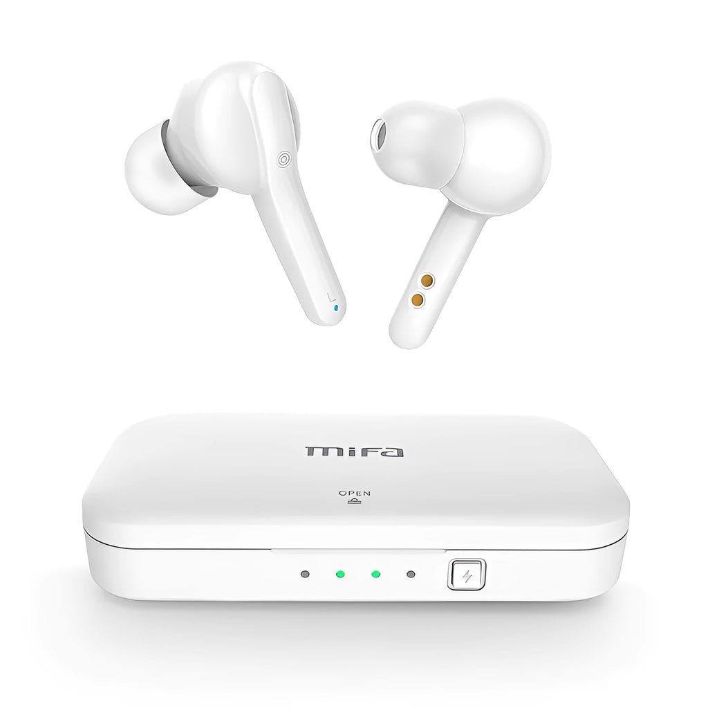 Black and white true wireless Bluetooth earbuds with IPX5 waterproof rating.