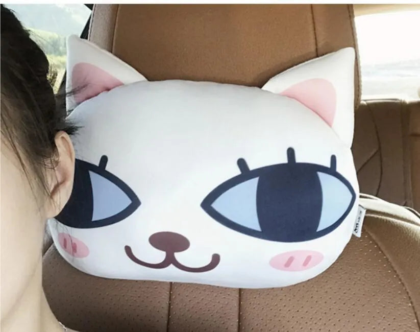 Cat lovers oblong car headrest pillow with cartoon cat print and removable cover for seat support