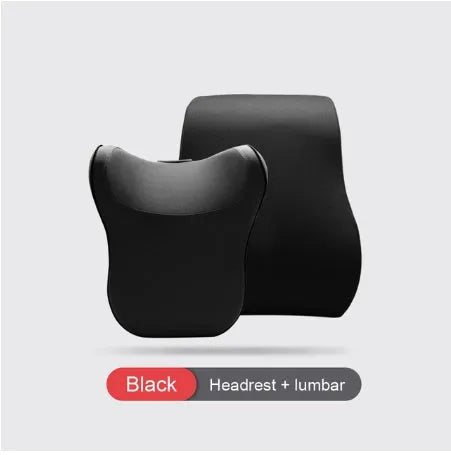 Car headrest set with memory foam cotton pillow and lumbar support in breathable fabric on car seat