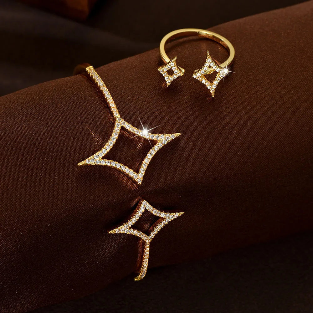 Star shape zirconia bracelet and ring set with copper plated gold and titanium plating