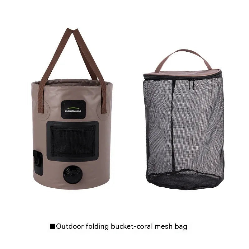 25-litre folding plastic outdoor fishing bucket shown in lemon yellow colour with optional built-in mesh net pocket