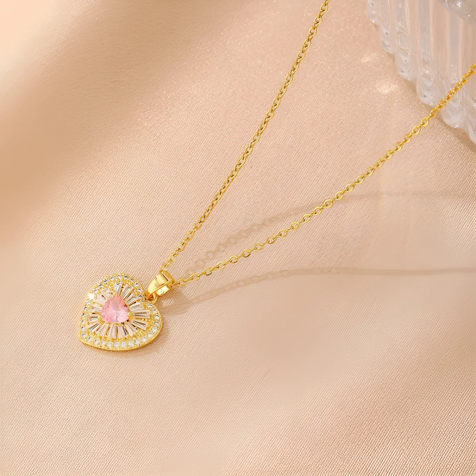 Women's copper necklace with electroplated finish showing heart, butterfly, cross, and round diamond pendant options