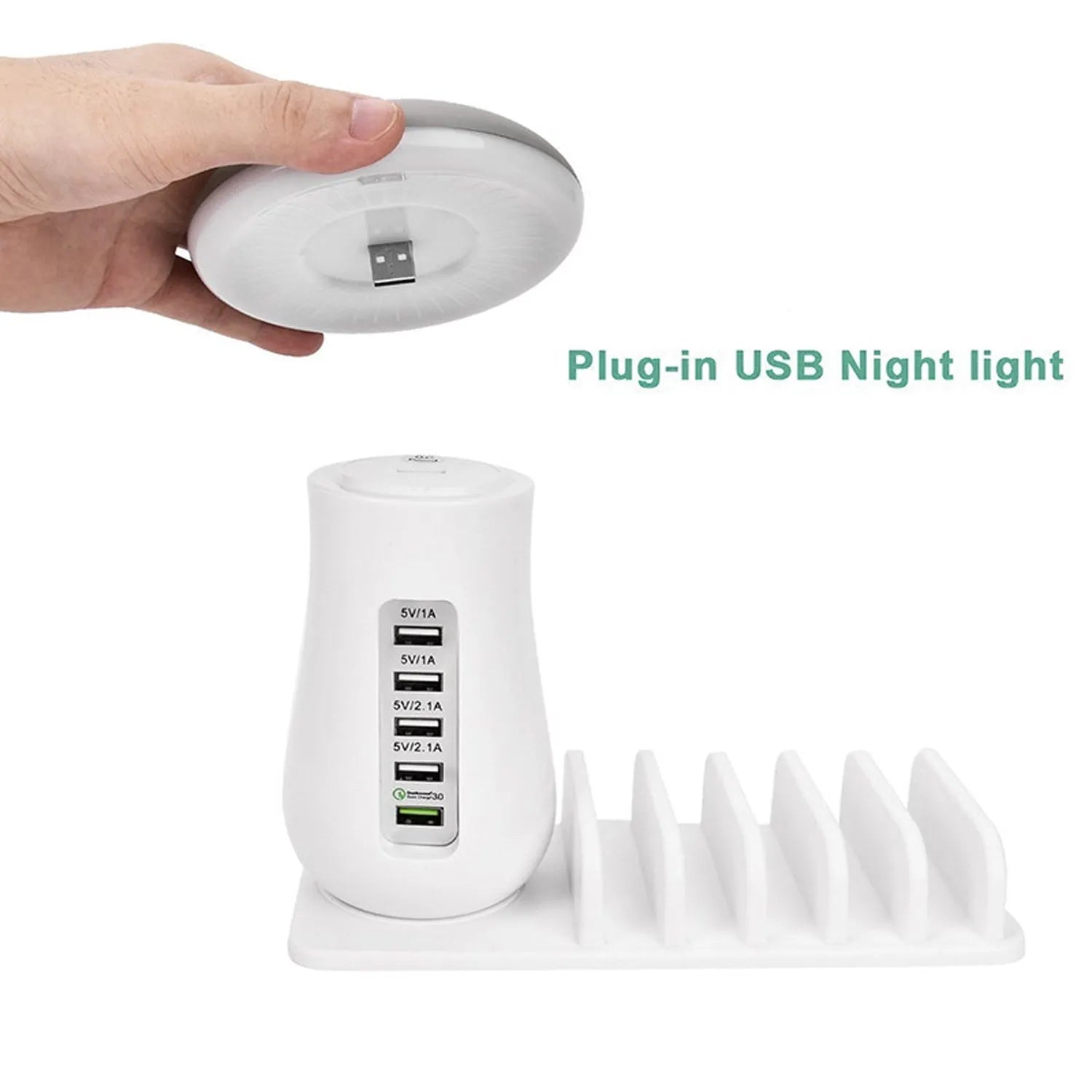 Mushroom-shaped USB charging dock station with five ports and integrated LED night lamp on desktop
