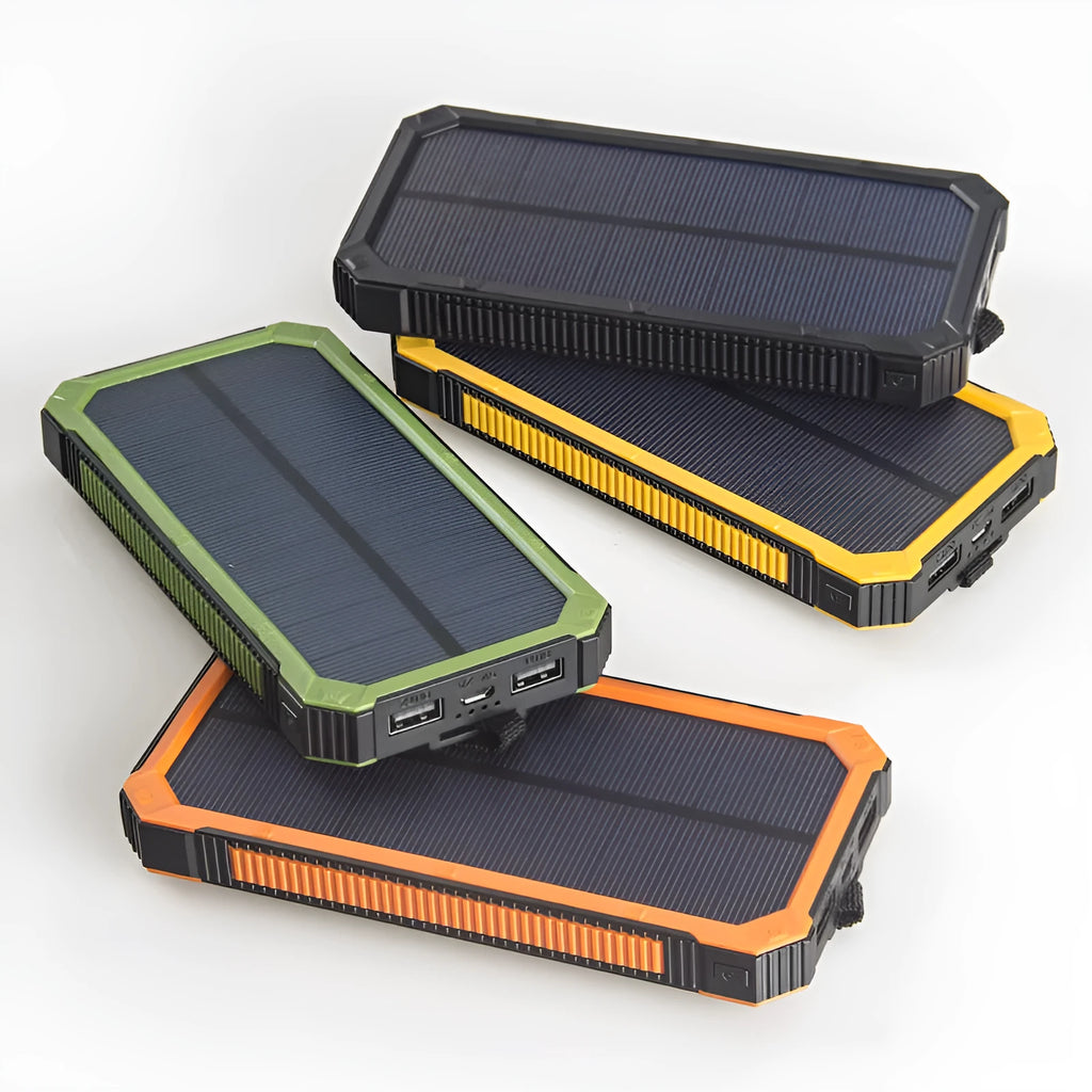 Solar power bank in orange, green, black, or yellow with display showing 6000, 8000, and 10000mAh capacity options.