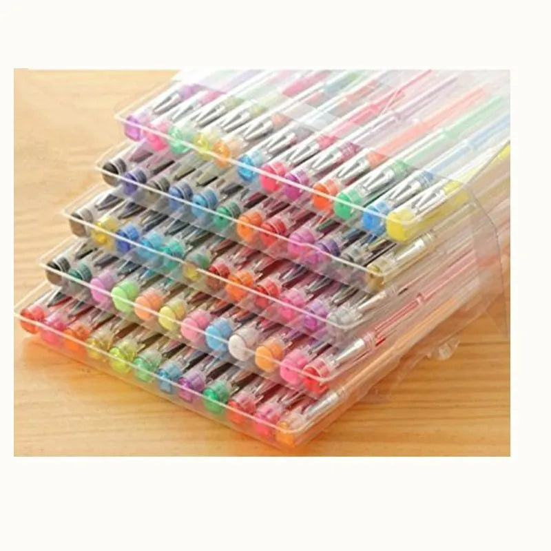 Set of 100 assorted colour gel pens with plastic bodies, showing 0.5mm and 1mm tip options.