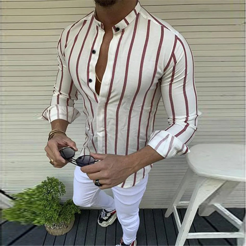Men's striped wide lapel button cardigan long sleeve casual shirt in blue summer cotton polyester
