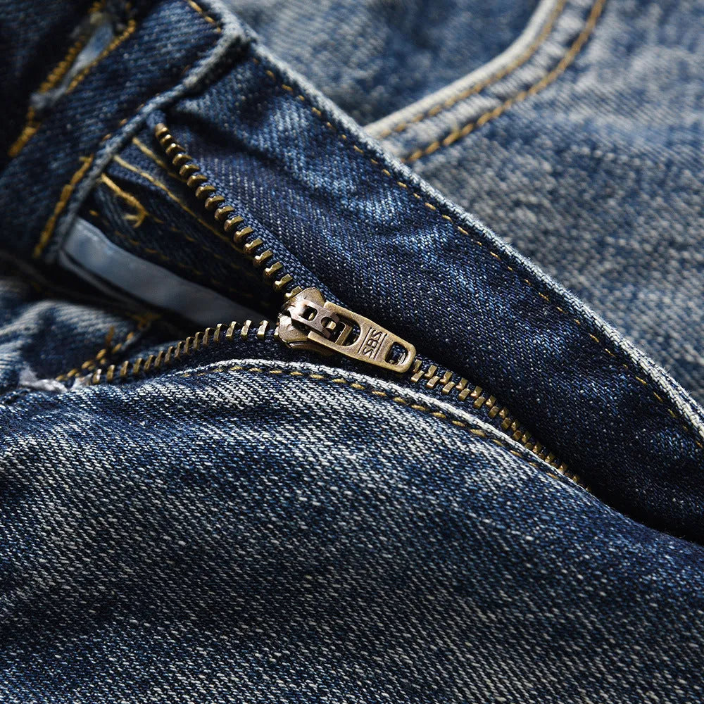 Men's blue denim punk loose straight trousers flat lay