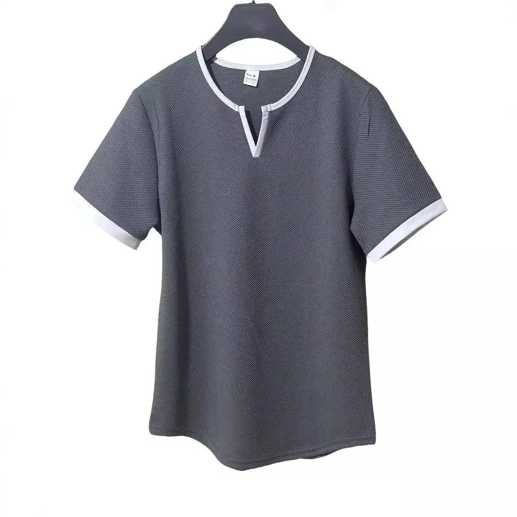 Colour-block V-neck sports t-shirt with waffle knit texture in polyester fabric for outdoor athletic activities