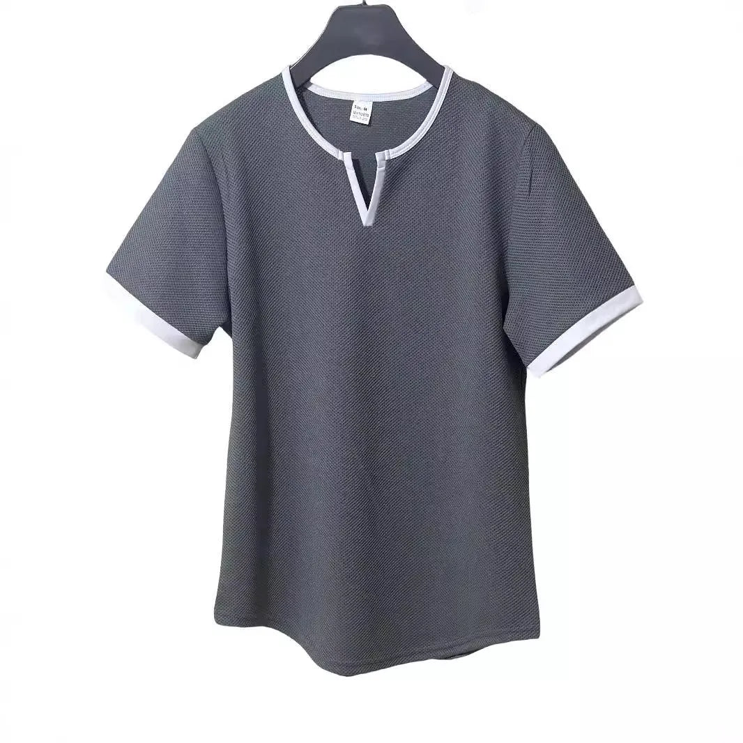 Colour-block V-neck sports t-shirt with waffle knit texture in polyester fabric for outdoor athletic activities