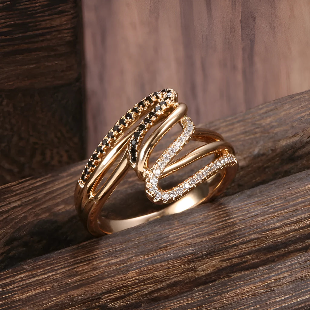 Close-up of a women's copper ring with micro-inlaid sparkling zircon stones in WK2230 colour.