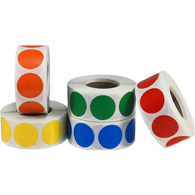 Chroma colour code point label stickers roll showing 2.5cm round labels in multiple colours with permanent glue
