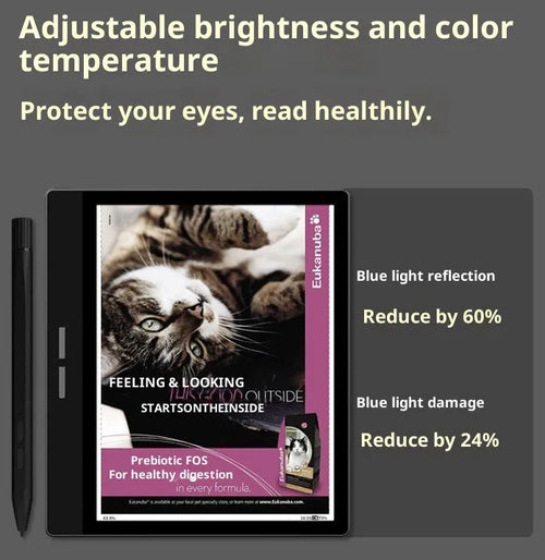 7-inch black colour E-ink e-book reader with capacitive stylus on a desk showing a colour book page