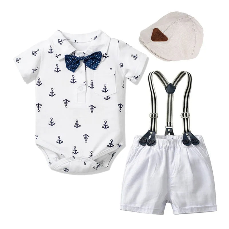 Blue cotton baby boy romper with printed triangle design and short sleeves