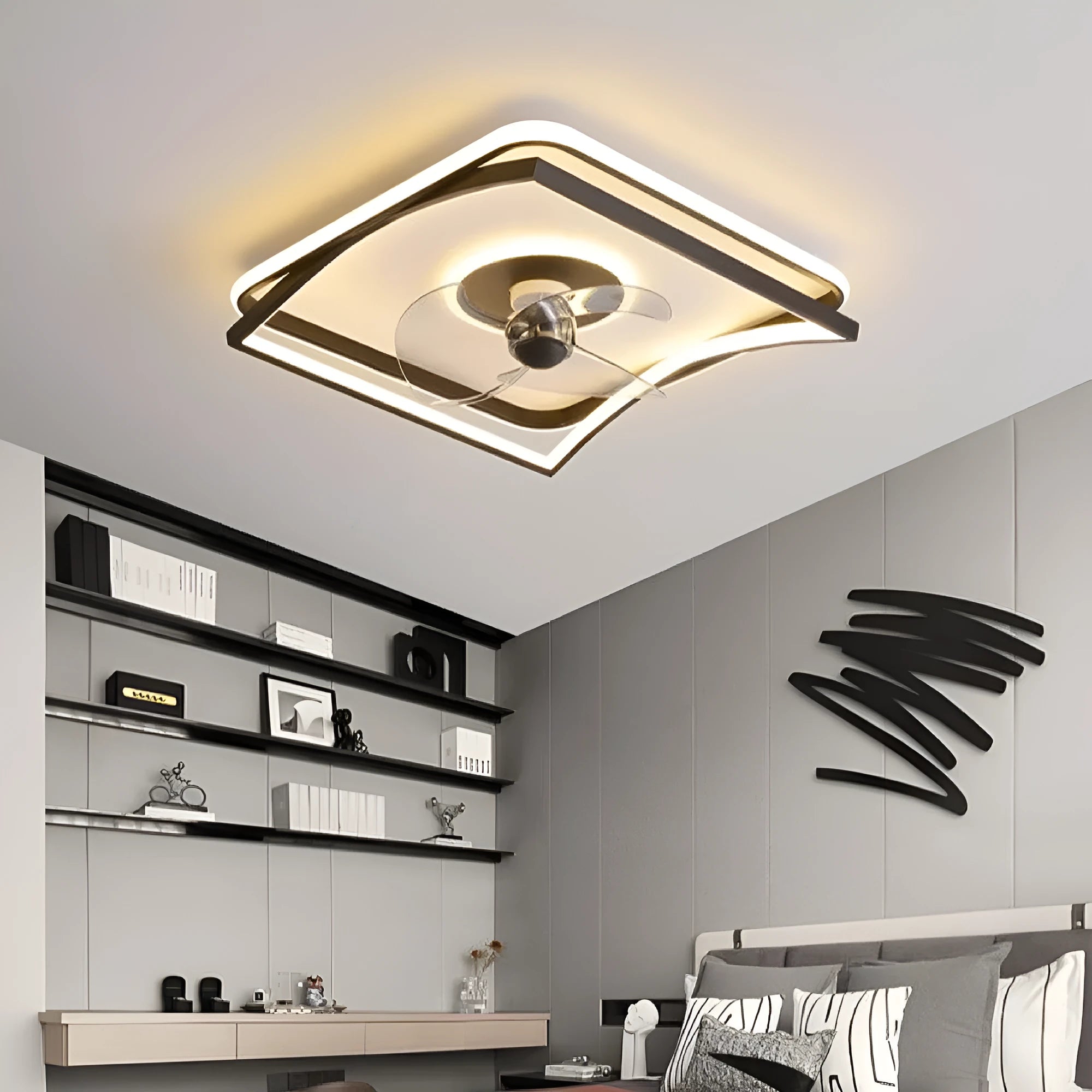 Modern black ceiling fan lamp with light, shown in annular, round, and square style options.