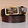 Leather men's belt cowhide eagle embossed automatic buckle 110-130cm black bronze buckle