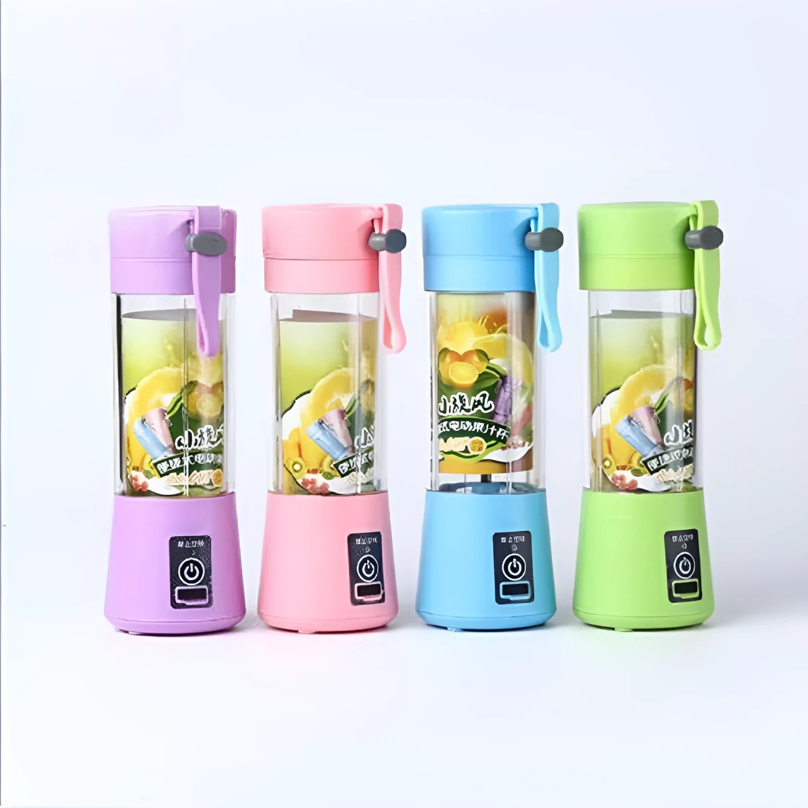 Pink mini USB electric fruit juicer with carrying rope on a kitchen countertop.