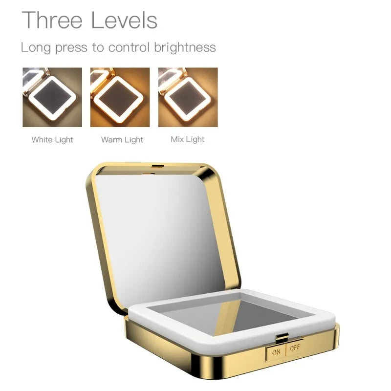 LED makeup mirror with magnification showing adjustable lighting controls and dual mirror surfaces