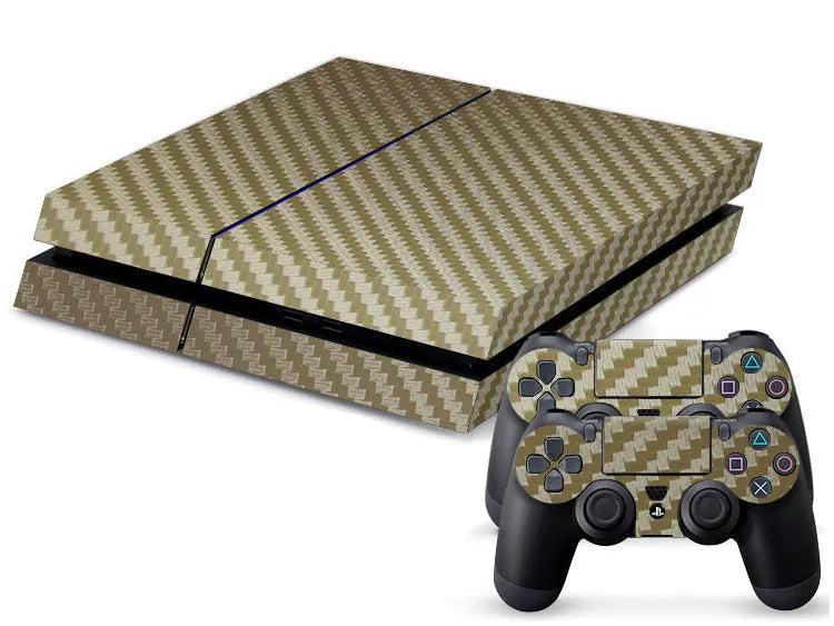 Black carbon fibre vinyl skin sticker for PlayStation 4 console on a white background.