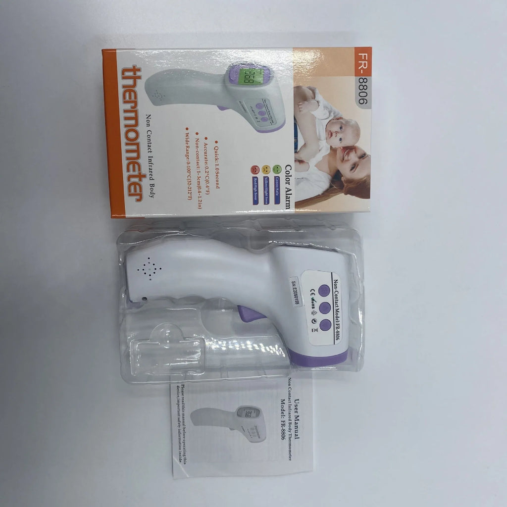 White handheld digital thermometer for non-contact temperature measurement.
