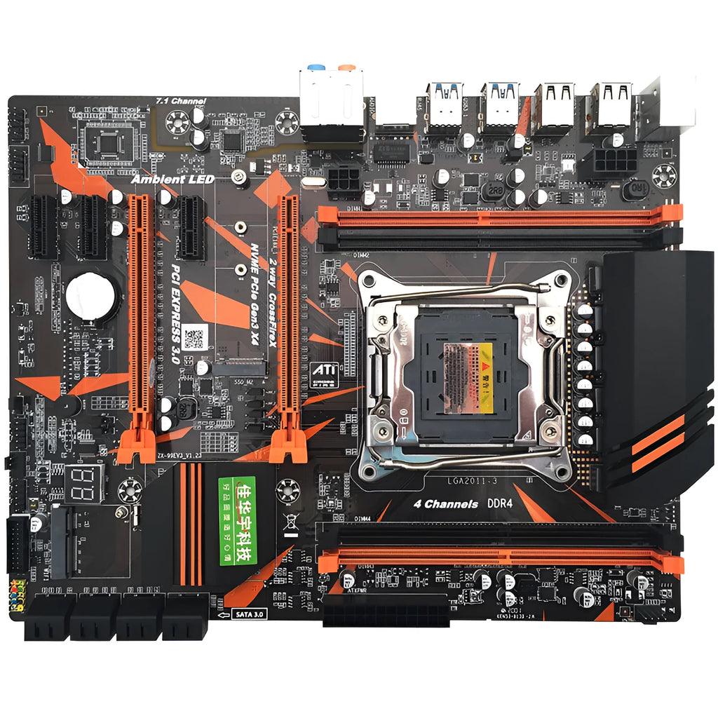 X99 computer motherboard with LGA2011-3 CPU socket, four DDR4 slots, and black PCB