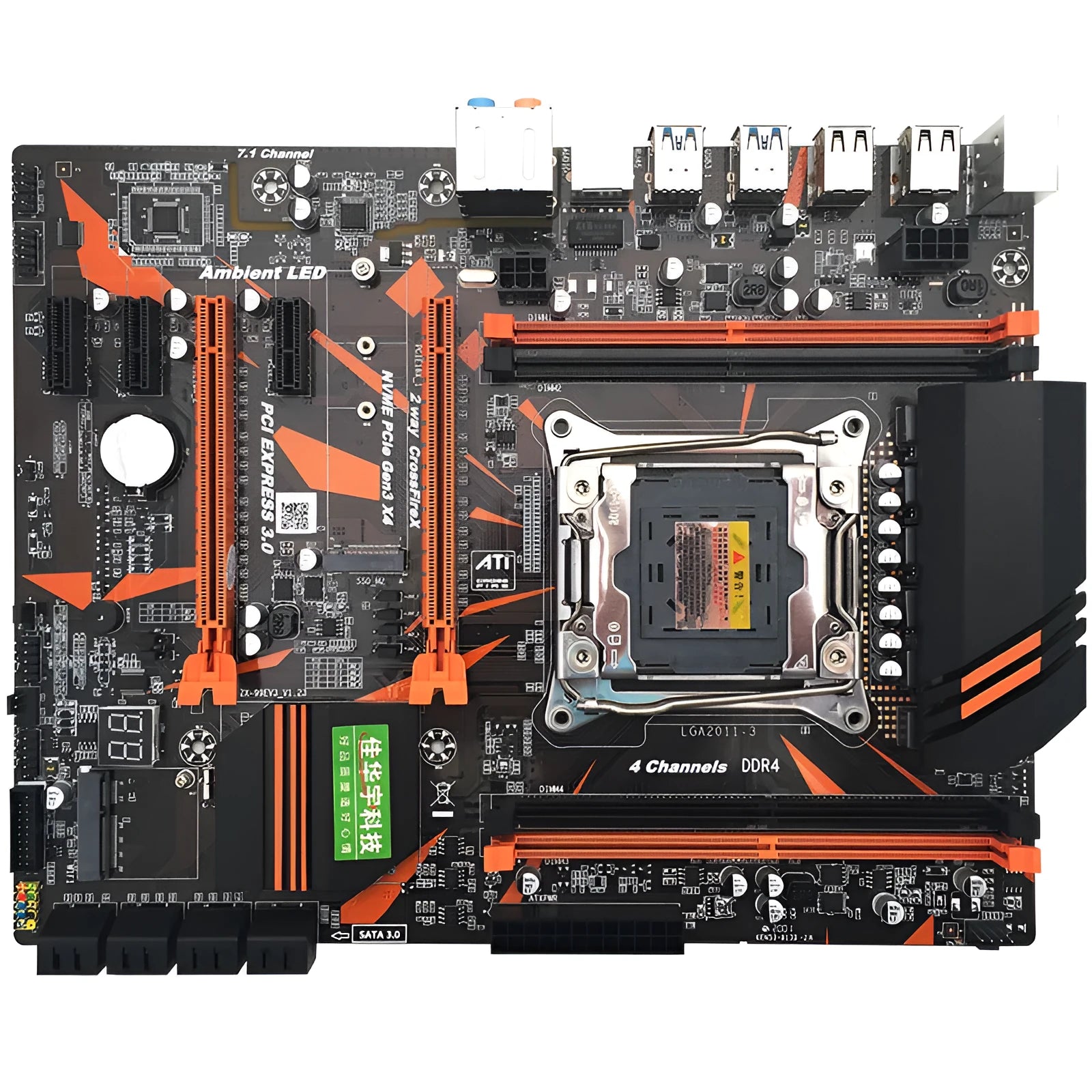 X99 computer motherboard with LGA2011-3 CPU socket, four DDR4 slots, and black PCB