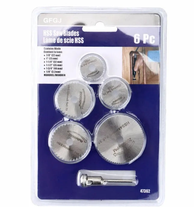 Set of six small circular saw blades and a mandrel for a mini rotary tool on a white background.