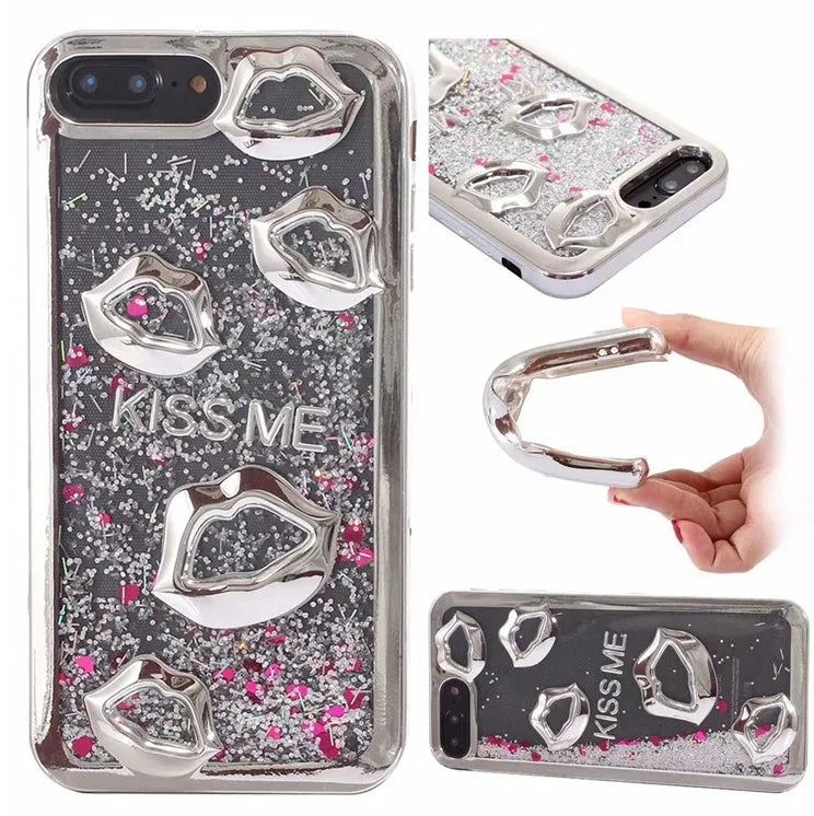 Huawei P30 phone in a silvery TPU case with a raised three-dimensional lips design on the back.