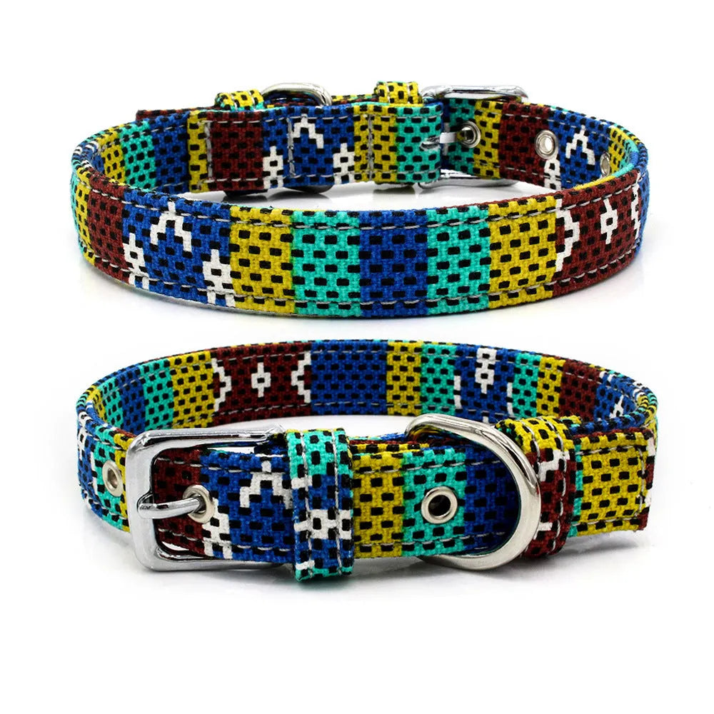 Double layer reflective canvas dog collar with metal D-ring, available in multiple sizes and colours