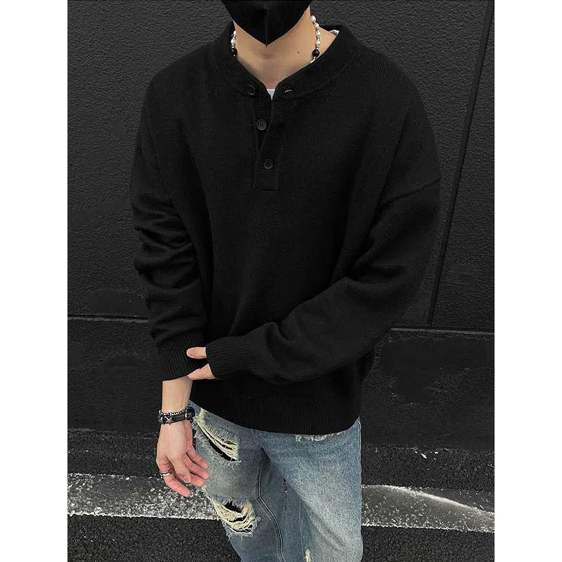 Men's loose long sleeve knit sweater in black, front view, casual pullover style