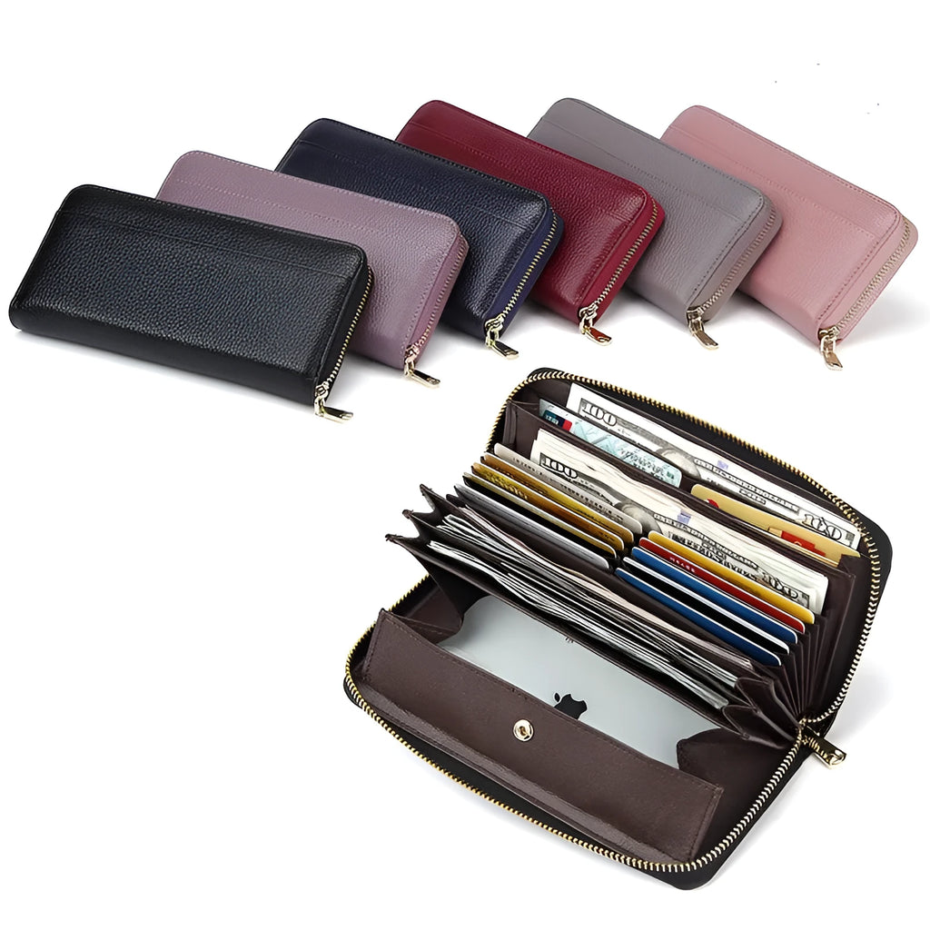 Long genuine leather women's wallet in a choice of six colours, showing large capacity and anti-theft card feature.