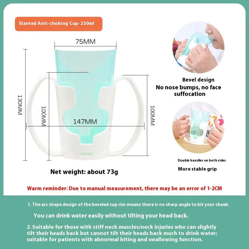 Oblique mouth anti-choke drinking cup with lid and handle in PP material for bedridden adults